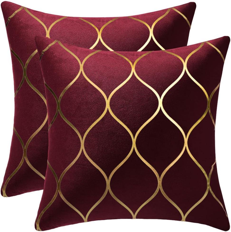 Gold Velvet Throw Pillow Covers: 2 Pack 16x16 Inch Square Decorative Pillow Cases for Bedroom Sofa Couch Living Room, Burgundy Red