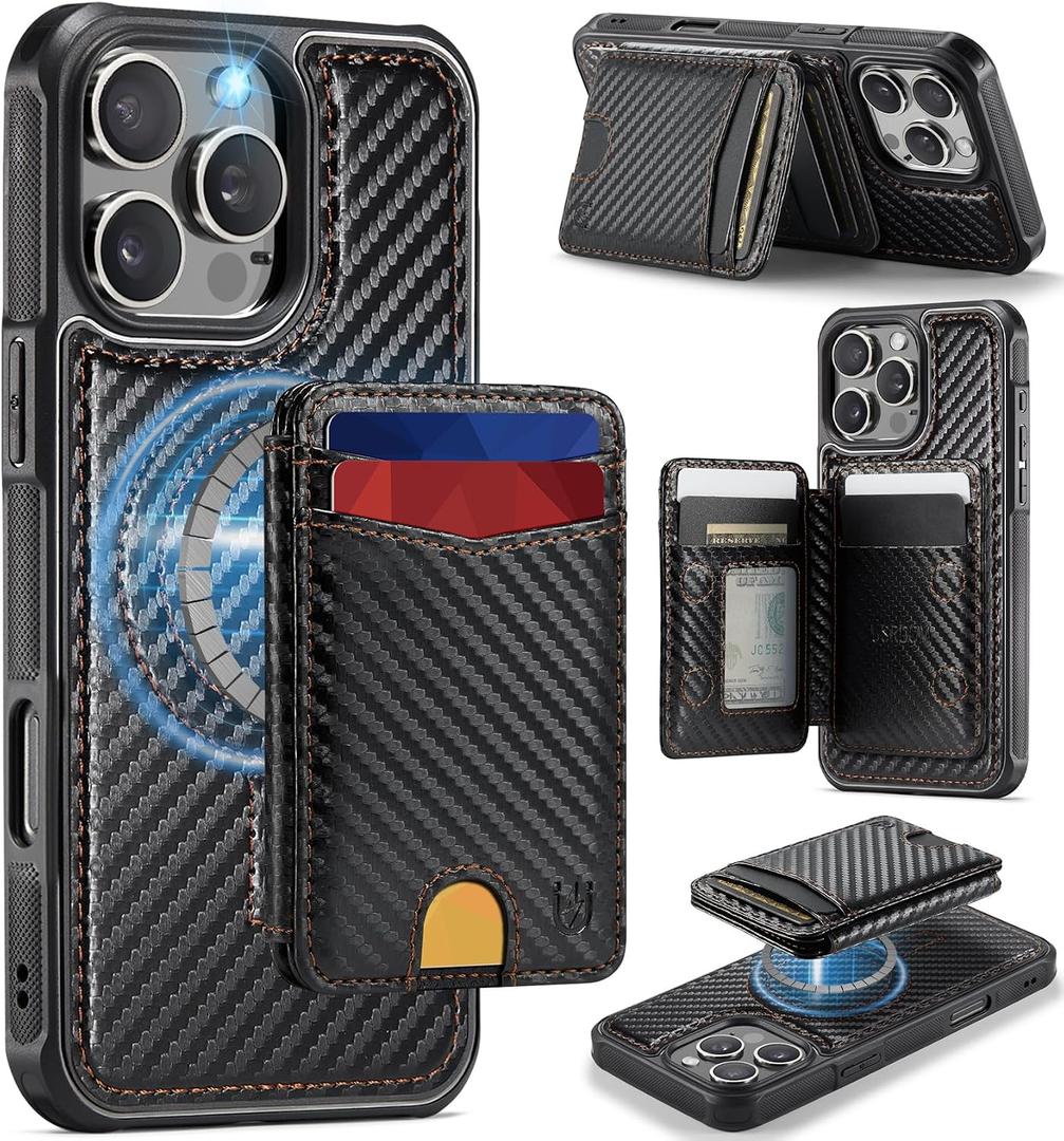 for iPhone 16 Pro Max Wallet Case Compatible with Magsafe, Magnetic RFID Blocking Card Holder Kickstand 2 in 1 Detachable Case for iPhone 16 Pro Max 6.9", Carbon Black