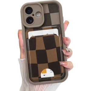 KANGHAR Compatible with iPhone 17 Case 2025, Wallet Silicone Checkered Cute Pattern, Card Holder Camera Protection Soft Slim Shockproof Edge Cover for Girls Women -Brown