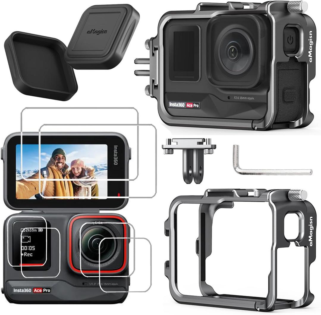 Aluminum Metal Frame Cage Case Bag with Silicone Lens Cap Screen Protector for Insta360 ACE PRO Camera Accessories Kit Anti-Scratch Tempered Glass Protective Film Cover