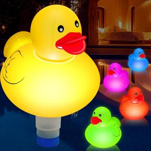 Shellwei 1 Pcs 16 Inch Large Solar Light up Yellow Duck Pool Chlorine Floater Glow in Dark Floating Pool Chlorine Dispenser for 3 Inches Tablets Anti Sinking, 4 Kinds Color Flashing Lights