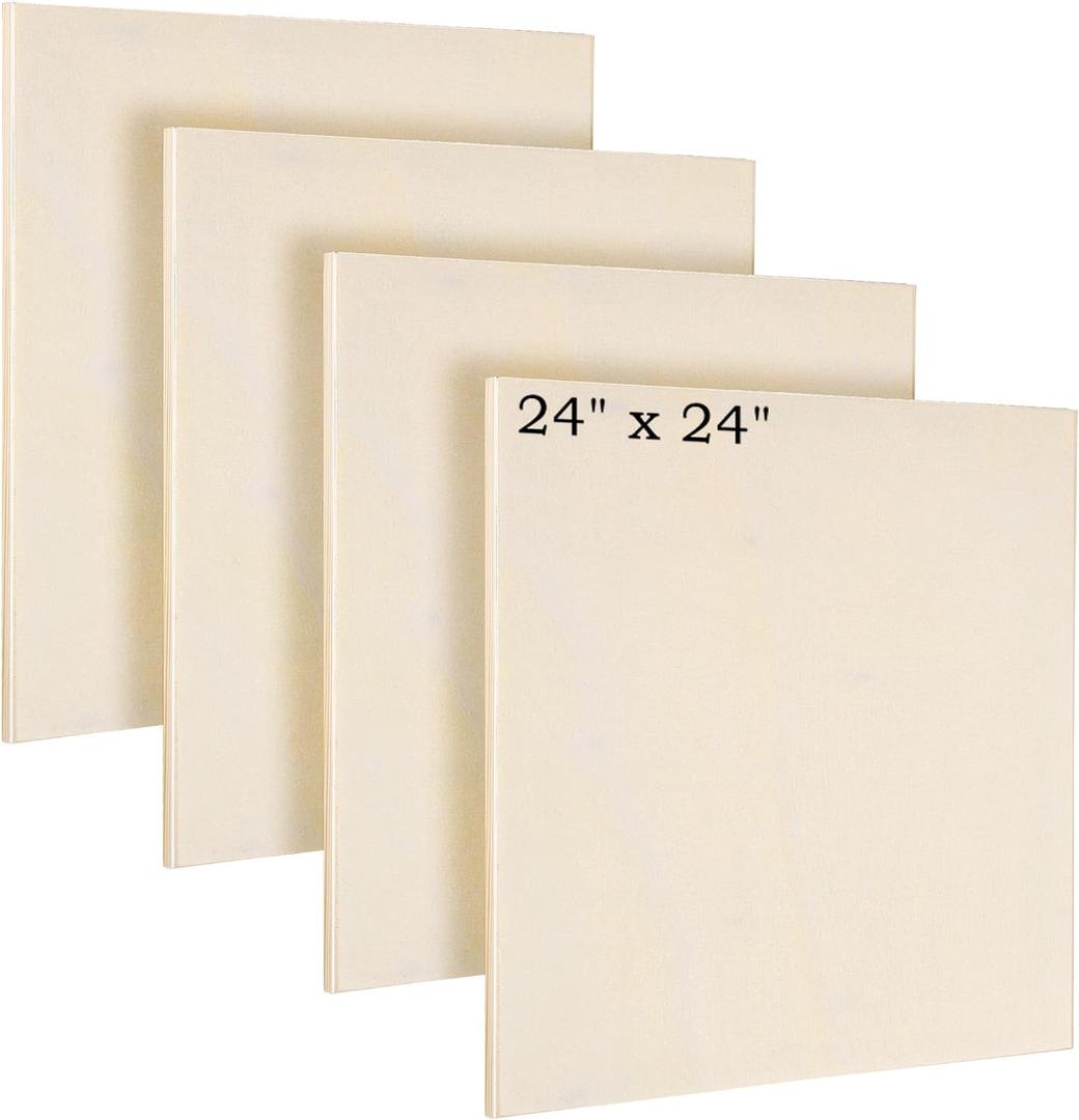 Aodaer 4 Pack Wood Panels 24 x 24 Inch Wooden Panels Canvas Unfinished Craft Wood Boards Panel for Art Crafts Acrylic and Oil Painting Pouring DIY Projects
