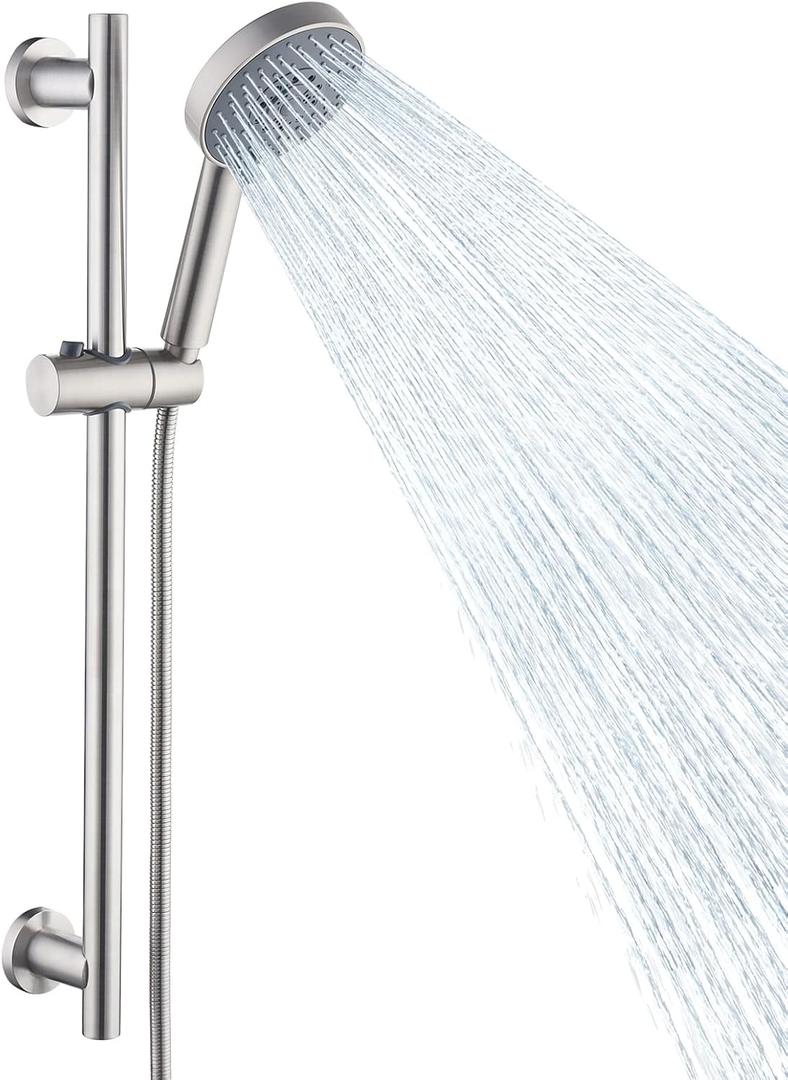 KES Adjustable Shower Head with Slide Bar, 5-Function Handheld Sliding Shower Head with Extra Long Hose Wall Mount Brushed Finish, F204-BS-C1