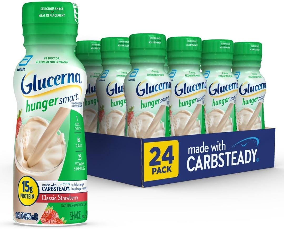 Glucerna Hunger Smart Diabetes Care Shake, Classic Strawberry, Diabetic Meal Replacement to Support Blood Sugar Management, 15g Protein, 180 Calories, Ready to Drink, 10 Fl Oz, 24 Pack, BBD 1APR2026