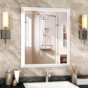 SMIROR Matte White Bathroom Mirror for Over Sink, 36x 30 Metal Thick Framed Rectangle Vanity Mirror for Wall, Right Angle Corner, Anti-Rust, Horizontally or Vertically Mounted
