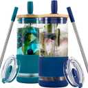 Pandaloo Glass Cups With Lids and Straws -20 Fl Oz- Perfect Size Iced Coffee Cup - Smoothie Cup With Bamboo Lid and On the go Lid - Glass Tumbler (2 Count (Pack of 1), Intense Teal-Galactic Blue)