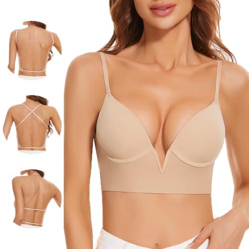 Women Low Back Bras-Invisible Backless Bra-Seamless Secret Plunge No Show Bra Multiway Low Cut Deep-V Halter Bras(Nude, 38D).3XL