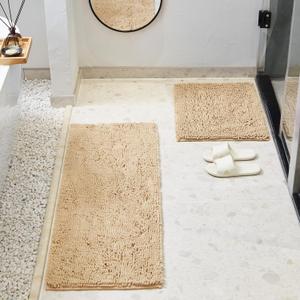TECHMILLY Soft Fluffy Chenille Bathroom Rugs Sets 2 Pieces, Non Slip Absorbent Bath Mats for Bathroom, Washable and Quick Dry, Khaki, 17" x 24" + 17" x 47" (1'5" x 3'11" (Rectangular))
