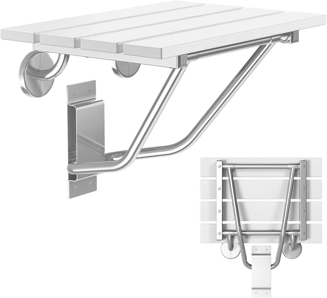 Folding Shower Seat & Chair Wall Mounted for Adults, Fold Down Shower Bench & Stool for Inside Shower, for Small Spaces, Foldable (White, Extra Large)