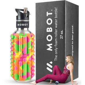 MOBOT Portable Travel Foam Roller Water Bottle with Sip Straw, Stainless Steel Screw Lid | Insulated Sports Water Bottle and Foam Rollers for Yoga, Workout, Home Gym, & Exercise, Juicy (27 oz) (23.7 Ounces)