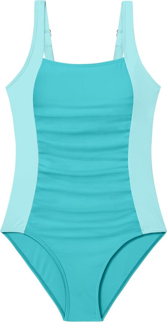Girl Swimsuit One Piece Bathing Suit for Girls Solid Color Ruched Adjustable Straps Padded Swimwear (13-14 Years, Light Green)