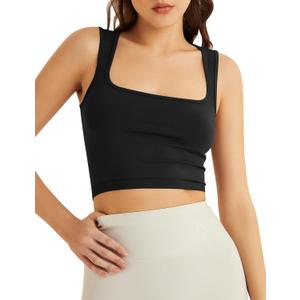 LOMON Square Neck Strappy Tank Top for Women Summer Sleeveless Crop Tops Seamless Going Out Top (Black, L)