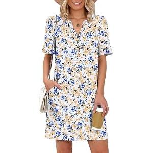 Prinbara Womens Summer Casual Dresses Ruffle Short Sleeve V Neck Button 2026 Spirng Vacation Beach Loose Boho Shift Dress Floral Yellow Blue X-Large