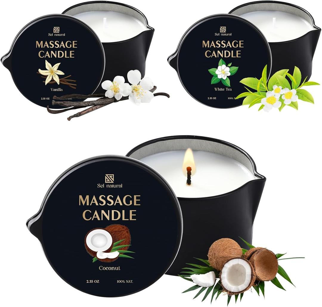 3 Pack Soy Massage Oil Candles Low Temp Massage Candles 3 Scent Vanilla, White Tea, Coconut Spa Therapy Body Oil Home Gift for Relaxation, Couples, or Self-Care (2.35 oz, Vanilla, White Tea, Coconut)