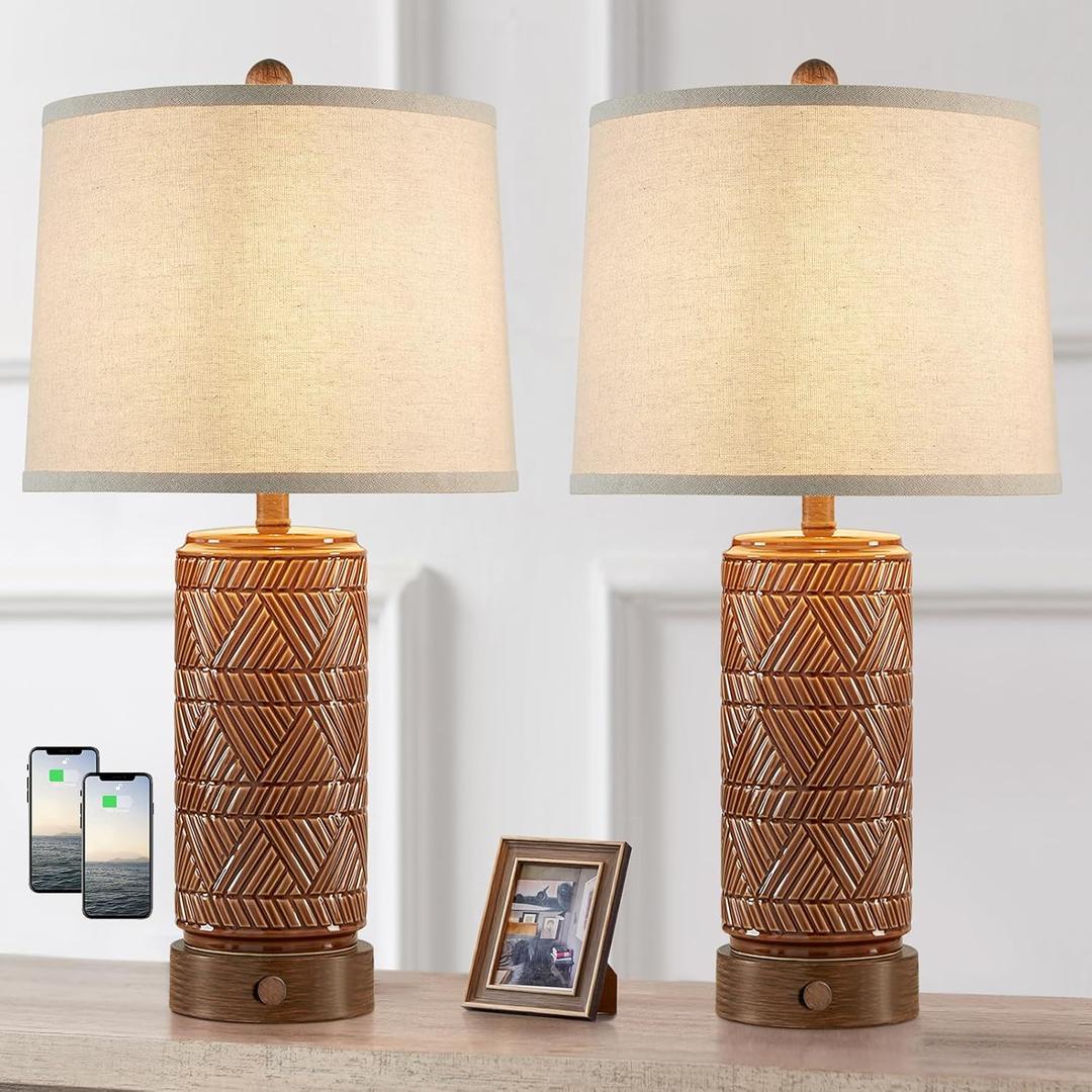 RORIA Set of 2 Vintage Touch Table Lamps for Living Room, 3 Way Dimmable Nightstand Lamp with 2 USB Port, Farmhouse Rustic Boho Ceramic Desk Lamps for Bedroom End Table, Bulbs Included (Brown)