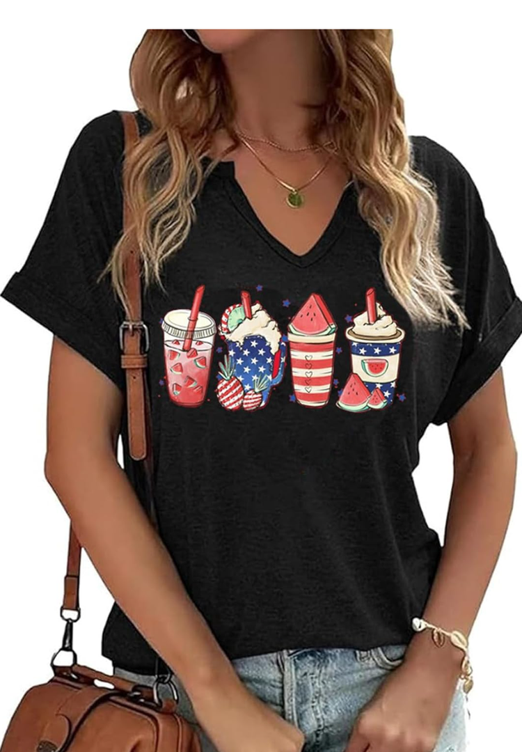Womens 4th of July Funny Popsicle Graphic Tees American Flag Heart Patriotic V Neck T-Shirt Here for The Boom Short Sleeve, Medium, Black 