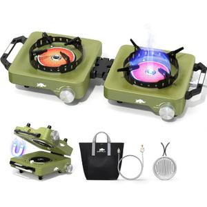 2 Propane Burners Camping Stove, 30,000 BTU Folding Camp Stove with Windproof Grates and Frying Pan, Portable Camping Stoves with Carrying Bag, Camping Essentials for Tailgating/Grilling/Coffee, Green