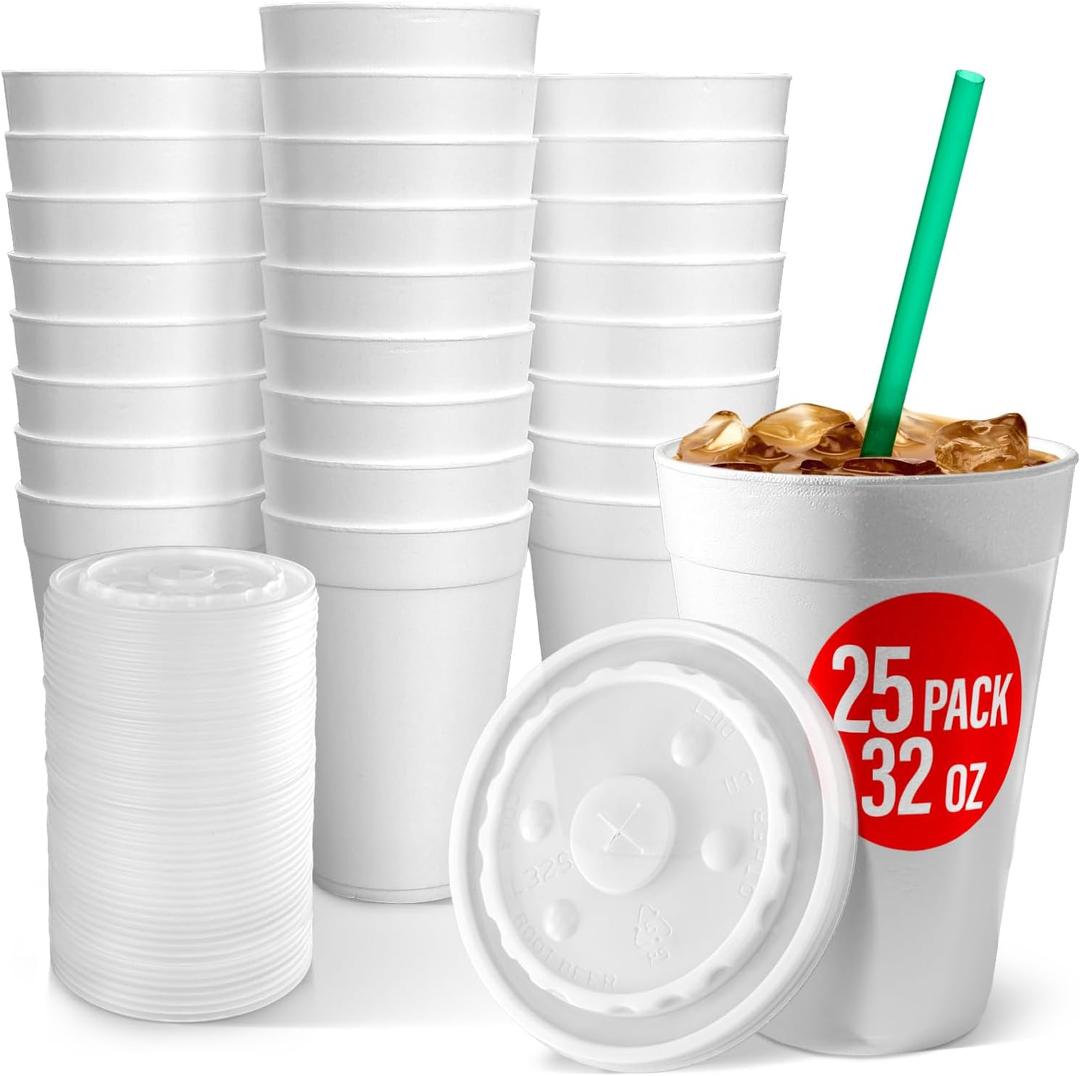32 Oz Styrofoam Cups with Lids (25 Pack) Large Foam Cups for Hot and Cold Drinks, Insulated White Styrofoam Coffee Cups, Soda, Juice, Tea - Made in USA (EXP 09/30/26)