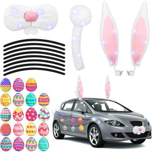 Baquler 32 Pcs Easter Car Rabbit Bunny Ears Decorations, Include Bunny Ears Nose with LED Light Bow Car Easter Eggs Garage Magnetic Decals Accessories for Vehicle Party Decorations, Without Battery