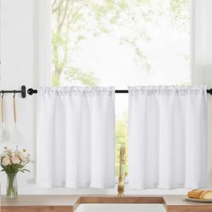 LIVEKID White Short Kitchen Curtains 24 Inch Length Tier Curtain 2 Panels - Faux Linen Textured Cafe Curtain, Light Filtering Small Windows Curtains for Bathroom Basement, 30" W x 24" L