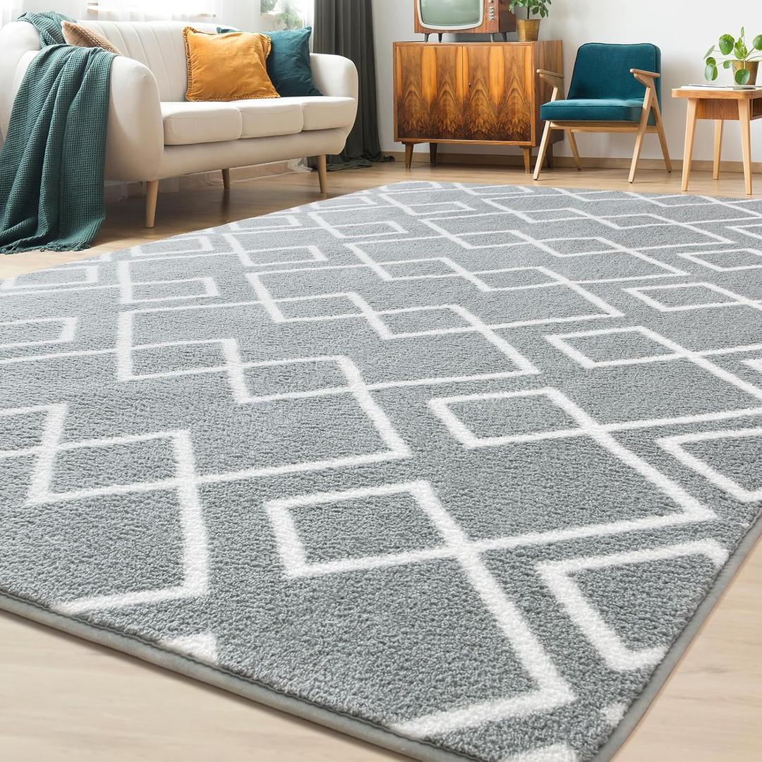 Geometric Modern Area Rug for Bedroom, 6x9 Feet Grey Shag Rug for Living Room, Fluffy Moroccan Rug with Memory Foam Carpet Dorm Room Decor for Home Bedside Girls Kids Nursery Play Mat