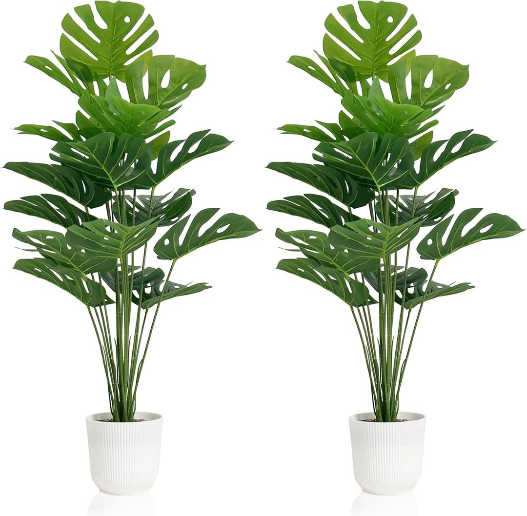 SAJANDAS Set of 2 Artificial Monstera Deliciosa Plants in Pots, Fake Tropical Trees with Greenery Leaves Stems, 32 Inch Faux Swiss Cheese Floor Plants for Home Porch, Garden, Office, Store Decor