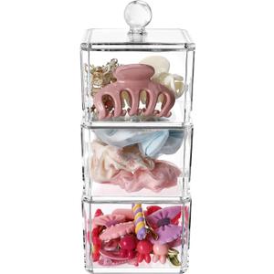 BLVRYVIO Hair Accessories Organizer for Girls, Clear 3 Stackable Acrylic Hair Tie Organizer for Headband, Bows, Cotton Swab Organization, Bathroom Containers Hair Clip Holder Storage with Lids