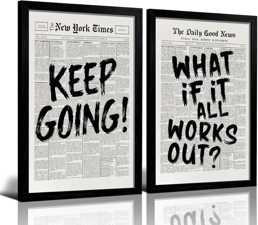 RUURUU Framed Retro Black And White Newspaper Canvas Wall Art Positive Affirming Quote wall décor What If It All Works Out Art Prints Wall Painting Picture Bedroom Decor Poster16x24inches