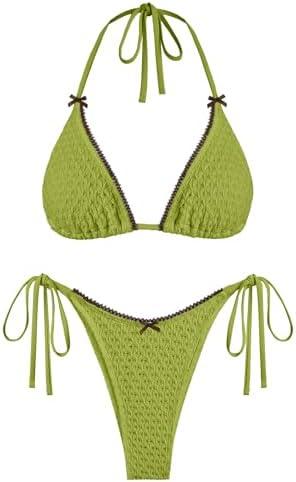 ZAFUL Bikini Sets for Women Halter Two Piece Swimsuit Eyelet Triangle Tie Side Thong Bathing Suit Bowknot Lace Trim Swimwear XS