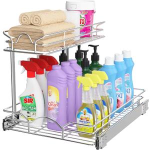 OCG Under Sink Cabinet Organizer Two Tier Pull Out Shelf (14.75W x 17D), Under Sink Sliding Shelf for Kitchen Bathroom Cabinet 2 Tier Chrome