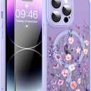 Upgraded Magnetic for iPhone 14 Pro Max Case 6.7" with Screen Protector [Compatible with MagSafe] Pretty Flower Floral Pattern Design, Shockproof Cover for Women Girls, Purple (Purple-updated model)