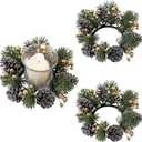 2 Pieces Christmas Candle Rings Wreaths,Artificial Flower Gold Berries Pinecones Snowy Pine Wreaths,Christmas Wedding Winter Candle Holders,Xmas Garland Home Table Centerpieces Decorations