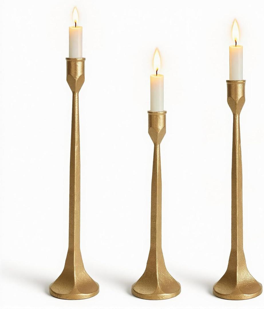Vintage Gold Taper Candle Holders Set of 3 Cast Iron Antique Brass Decorative Candlestick Holder for Wedding Dining Table Party Rustic Home Decor