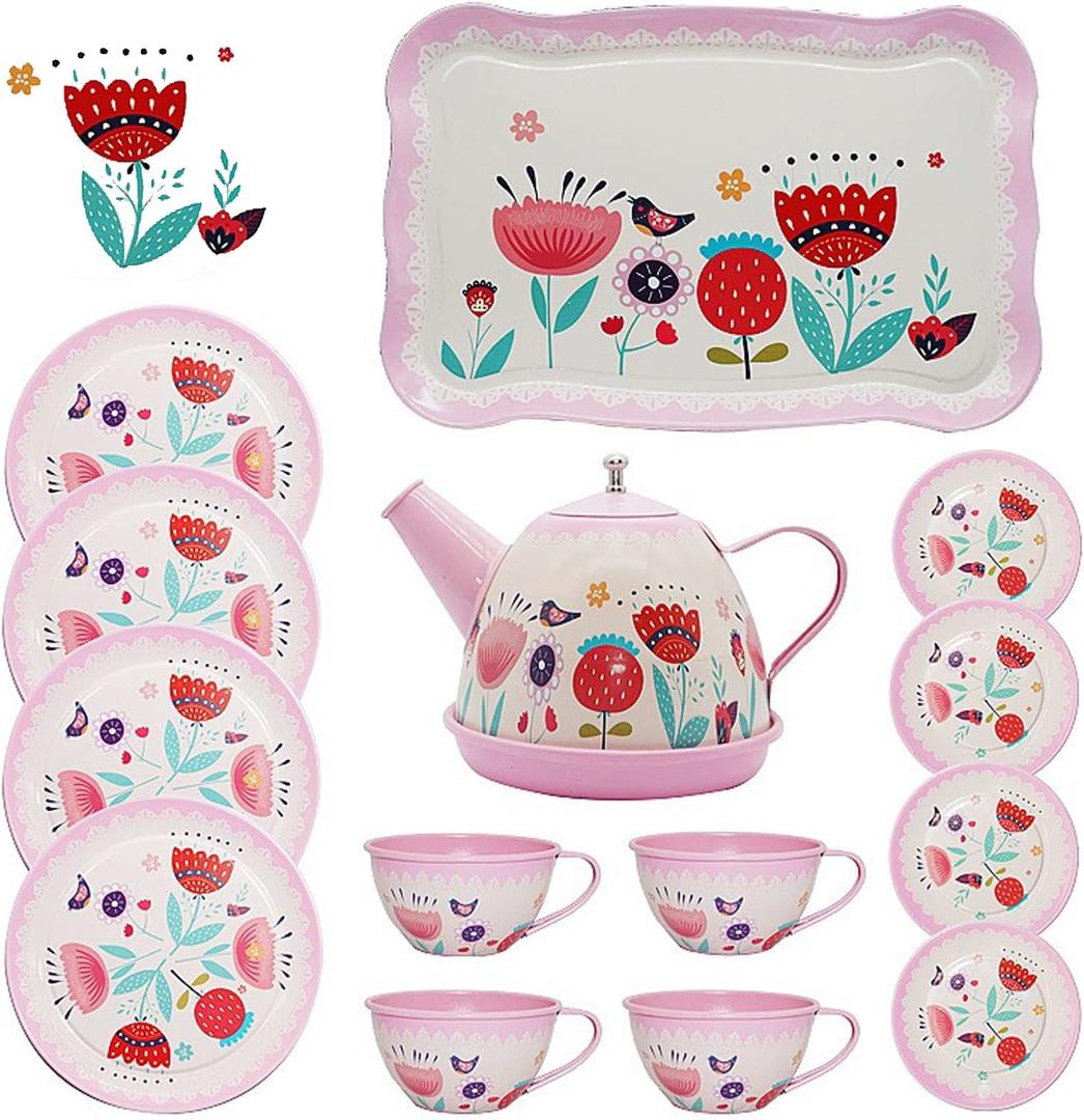 Pink Tea Set for Little Girls,Flower Design Tea Party Set,Princess Tea Time Toys Teapot Dishes Kitchen Pretend Play Tin Tea Party Set for Girls