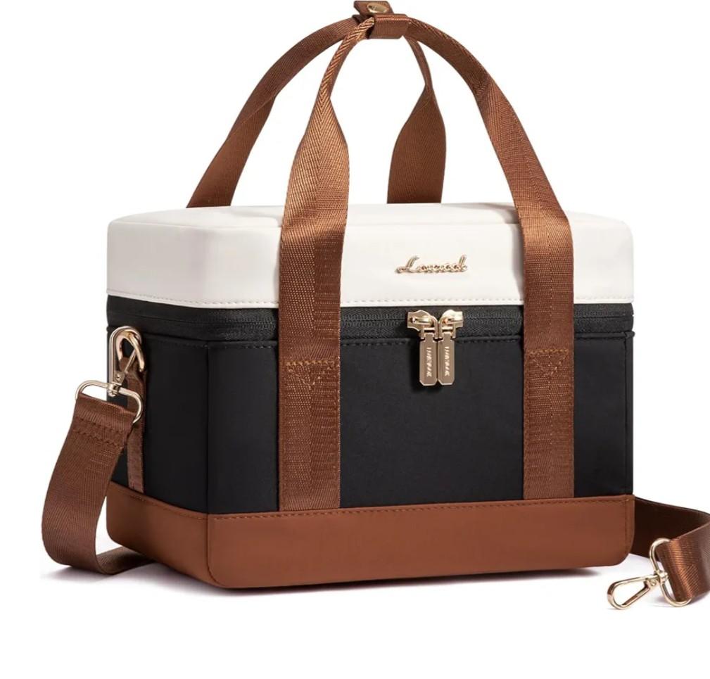 LOVEVOOK Insulated Lunch Box for Women Men, Reusable Lunch Bag with Large Capacity, Leakproof Cooler Lunch Tote for Work, Office, Outdoor Use, Black-beige-brown