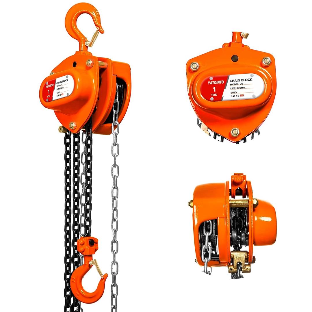 YATOINTO Chain Hoist 1 Ton(2200 Lbs) Capacity 20 FT Manual Hand Lift Steel Chain Block Hoist with 2 Heavy Duty Hooks Industrial Grade Steel Structures for Garages Automotive Machinery