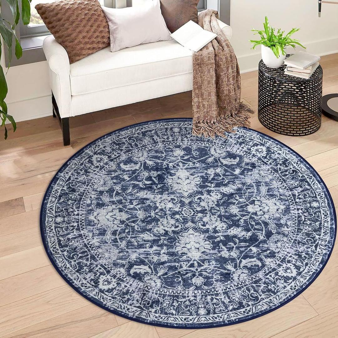 KILOCOCO Round Rug 3ft Vintage Floral Small Circle Rug Machine Washable Entryway Mat Non Slip Low-Pile Kitchen Rugs for Front Door Laundry Room Bathroom Moroccan Area Rugs, Blue
