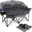 Double Camping Chair Padded Loveseat Camping Couch, Oversized 2 Person Camp Chairs with 2 in 1 Carry Bag, Heavy Duty Folding Lawn Chair Sofa with Cup Holders for Adults Patio Backyard Beach, Gray