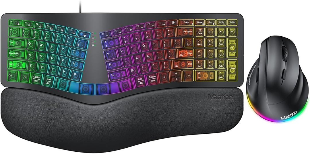 MEETION Ergonomic Keyboard with Vertical Mouse, Wired 7 Colors Transparent Backlit Keyboard, 4 Brightness Comfortable Wrist Rest Cushion, Wireless RGB Rechargeable Mouse