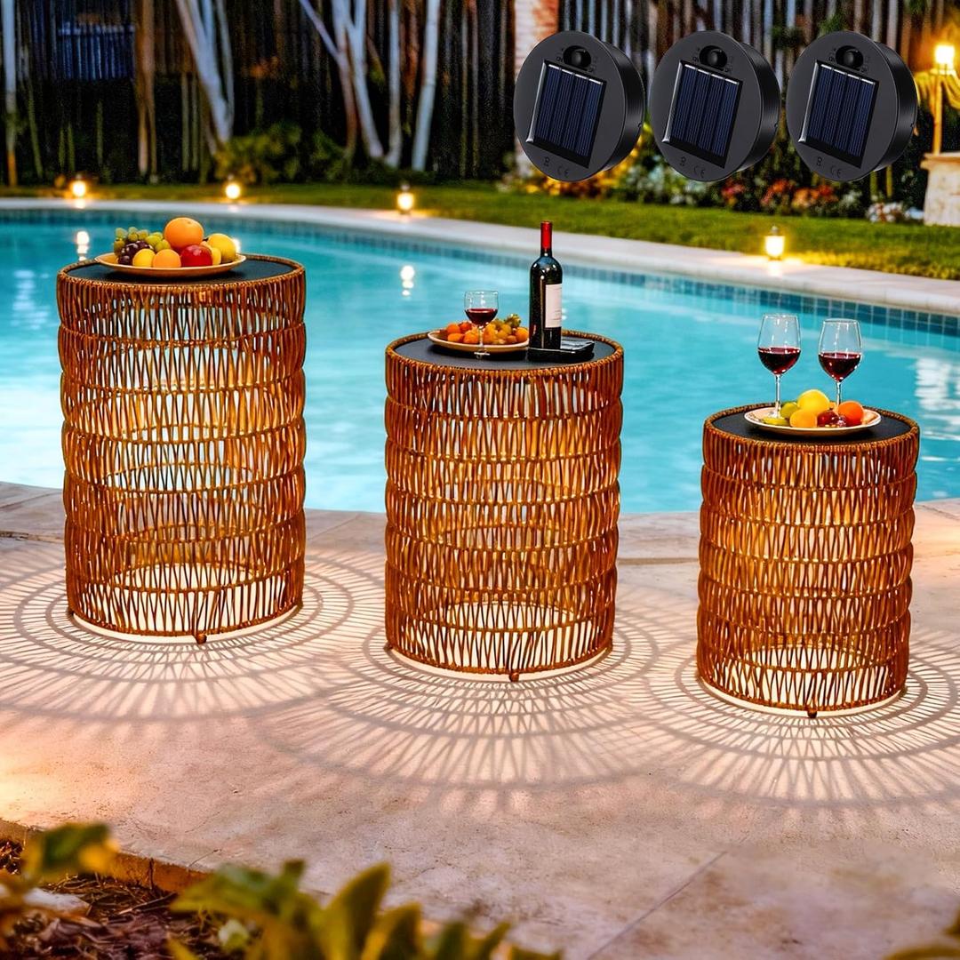 3 Pack Solar Outdoor Side Table with Integrated Glow Lights Set, Poolside Side End Table Waterproof Rattan Nesting Accent Table for Patio, Poolside, Backyard, Porch, Garden, Balcony Indoor Outdoor Use