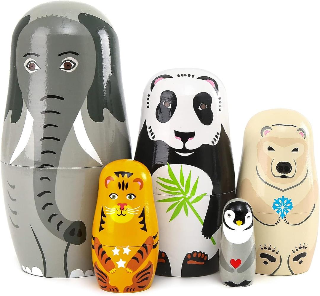 Moonmo 5pcs Handmade Wooden Animal Nesting Dolls - Elephant & Panda, Traditional Russian Matryoshka Gift