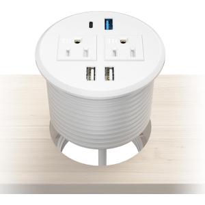BTU Desktop Power Grommet with PD 20W Fast Charging USB C, Recessed Power Socket with 2 AC Outlets, Flush Mount Power Strip with 3 USB Ports, 6FT Extension Cord (White)