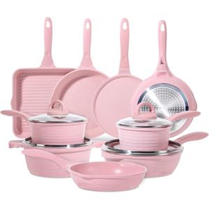 JEETEE Pink Pots and Pans Set Nonstick 23pcs, Healthy Kitchen Cookware Sets, Induction Cooking Set Pink Frying Pans, Saucepans, Saut & Griddle & Crepe Pan (PFOA Free)