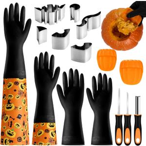 Pumpkin Scraper Glove Set, Halloween Pumpkin Carving Kit with 2 Pair of Gloves & 2 Scrapers(Adult&Child Sizes), Pumpkin Carving Tools for Clean & Easy to Carve Jack-O-Lantern