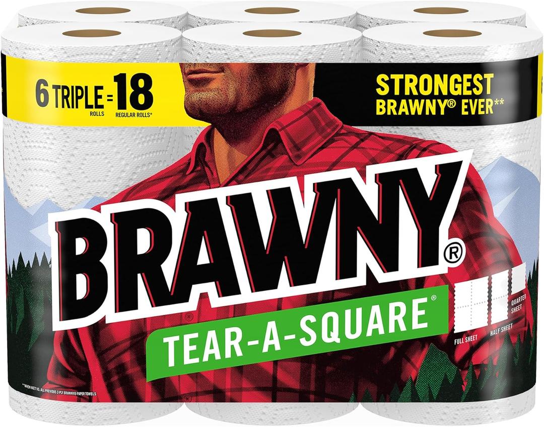 Brawny® Tear-A-Square® Paper Towels, 6 Triple Rolls = 15 Regular Rolls