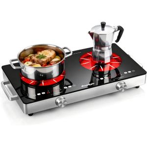 2 Burner Electric Cooktop - 24 Inch(22.2"x 13.1") Portable Electric Stove Top 110V, 2000W Countertop Two Burner Stove, Child Lock, Timer, Touch and Knob Control, 110V Plug in