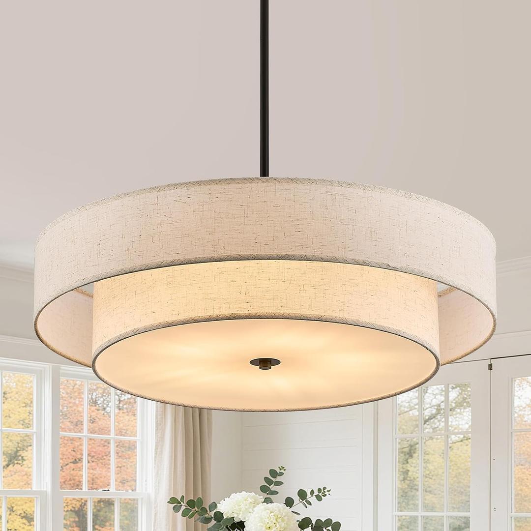 Black Modern Chandelier 23.6'' Drum Chandeliers with 2-Layer Fabric Shade 5-Light Linen Pendant Light Fixture for Dining Room Bedroom Kitchen Hallway Foyer, 24 inch 2 Layer