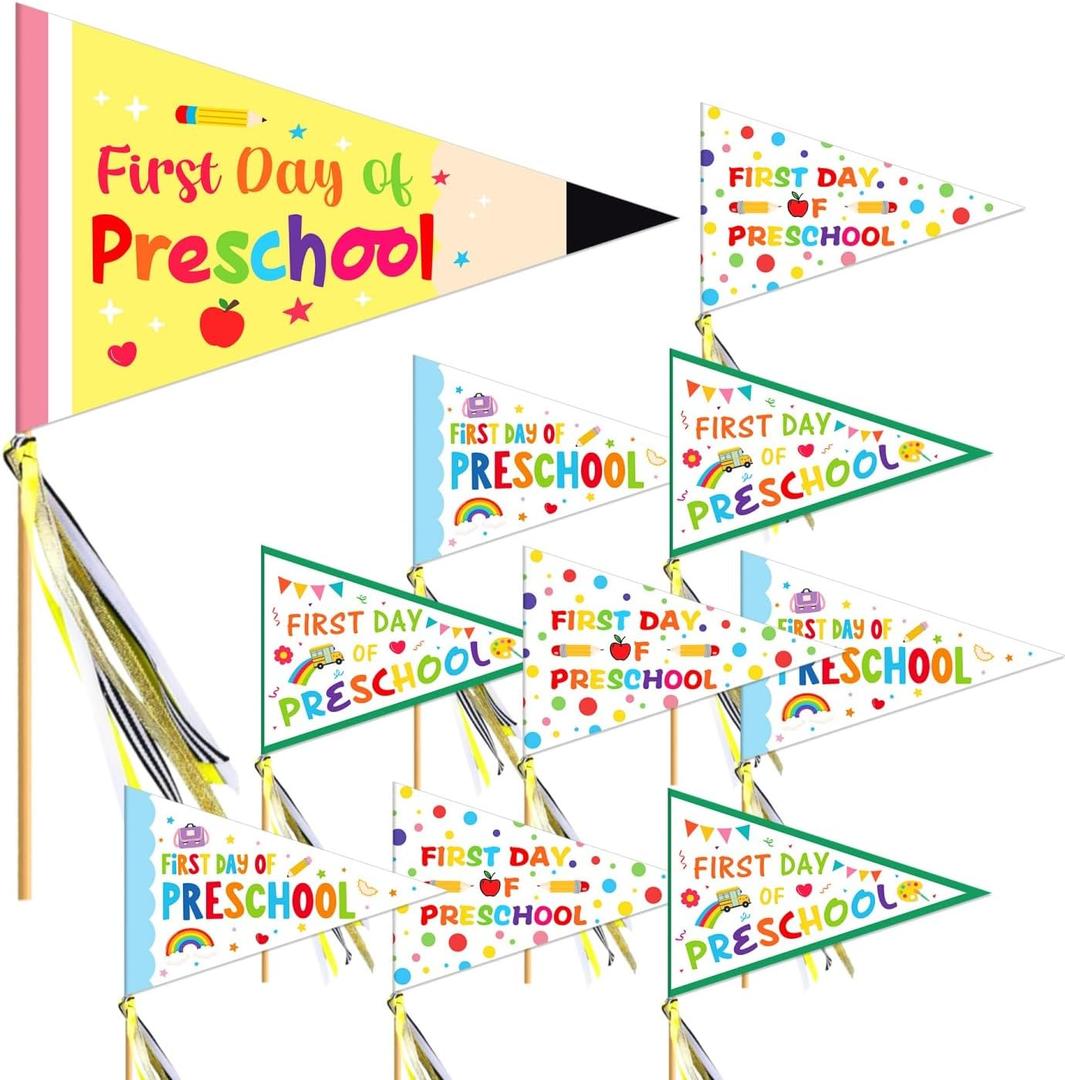 First Day of Preschool Banner Flag Welcome to Preschool Pennant Banner First Day of Kindergarten Flag Sign Centerpiece Sticks with Ribbons for Back to School Classroom Decoration,12 Pcs