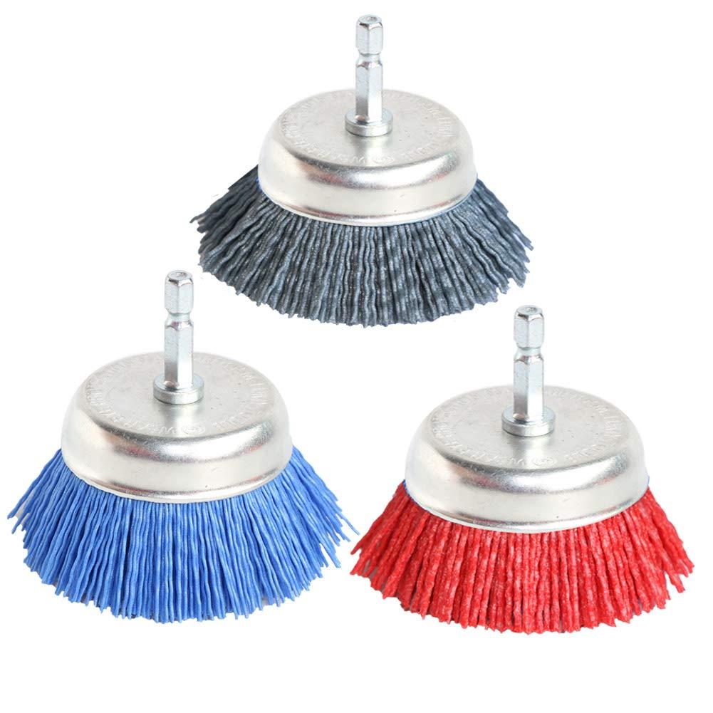3Pcs 3 Inch Assorted Cup Brushes Abrasive Wire Nylon Cup Brush for Drill,Grit 80 120 320 with 1/4" Shank,Rotary Brushes for Machines