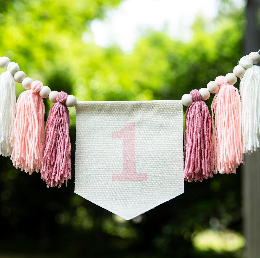 Pink 1st Birthday high Chair Banner - First Party Decorations for Girl's Birthday, Blush Pink Cake Smash Garland, Boho 1st Party Decor, Tassel Banner, Photo Booth